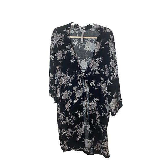 Spiritual Gangster Kimono One Size Black Floral Tie Front Swim Cover Up - Picture 1 of 8